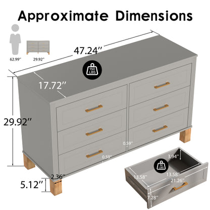 Gray 6 Drawer Double Dresser Modern Storage Cabinet with Metal Handles Solid Wood Legs