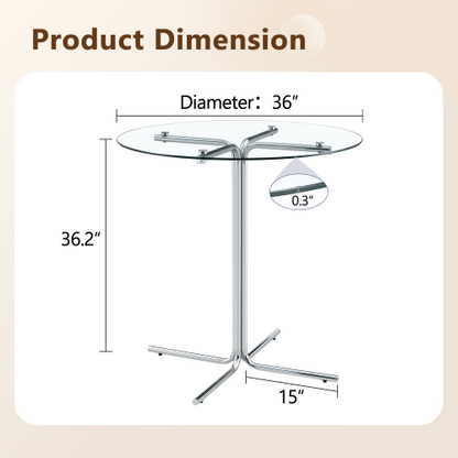 Round glass bar high table, 36 inch round bar table, tempered glass tabletop, sturdy silver chrome plated four column support, suitable for transparent round bar tables in small spaces, kitchens