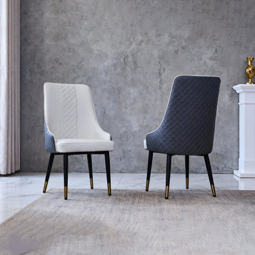 Modern PU Leather Dining Chairs Set of 2, Ergonomic High Back Chairs with Carbon Steel Legs, Blue White