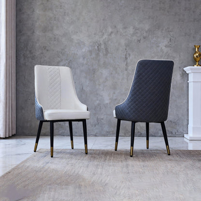 Modern PU Leather Dining Chairs Set of 2, Ergonomic High Back Chairs with Carbon Steel Legs, Blue White