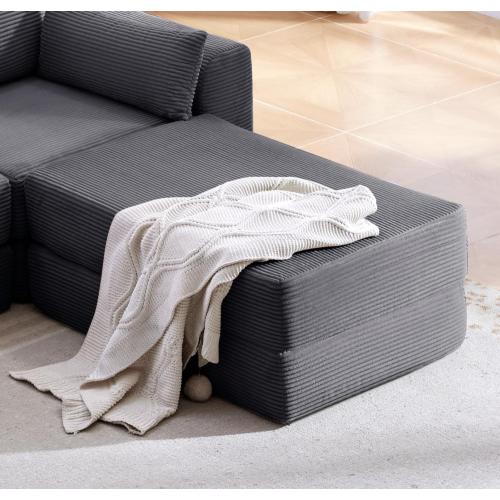 Grey Corduroy Modular Compression Ottoman, Spring Padding No-Assembly Multi-Use Floor Seat for Living Room