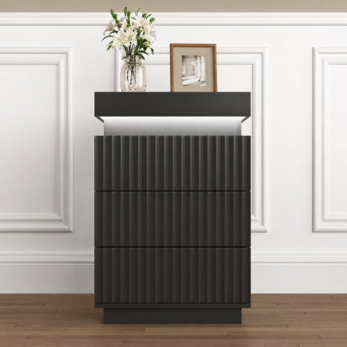 2 Pack Black Nightstand, Sliding Top Charging Station & RGB LED Fluted Drawers