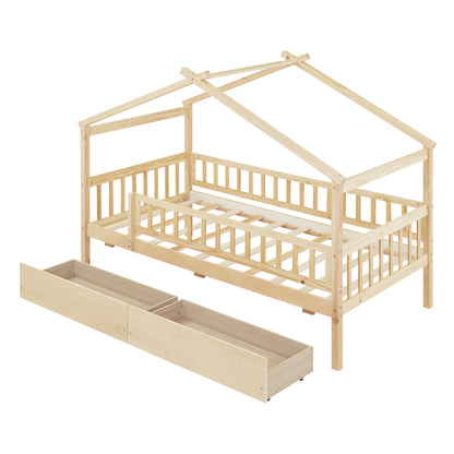 Twin Size Wooden House Bed with Two Drawers, Natural