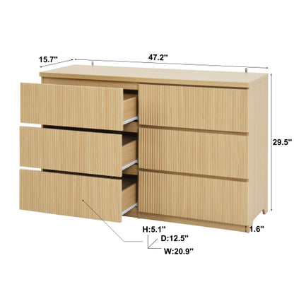 Modern Natural Wood 6 Drawer Dresser, Wave Panel Drawer Fronts, Storage Cabinet, Versatile Chest of Drawers for Bedroom, Living Room - Sleek & Spacious Home Storage Solution