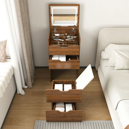 Walnut 3?in?1 Flip?Top Lighted Vanity Desk 18.9 inch L, Shatter?Proof HD Mirror, Storage Stool