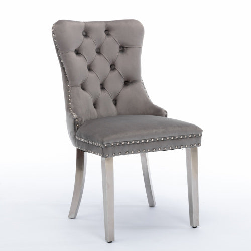 Single Gray & Chrome Tufted Velvet Dining Chair, Solid Wood Frame, Nailhead Trim, Chrome Plated Stainless Steel Legs