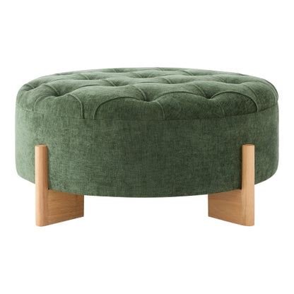 Green Round Chenille Tufted Ottoman, 32 Inch Button Tuft Footrest with L-Shaped Rubberwood Legs, 250 LBS Capacity