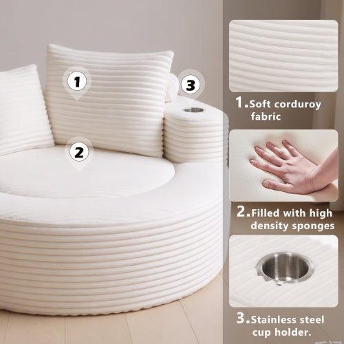 White Round Memory-Foam Sofa Bed with 3 Pillows & Cup Holder