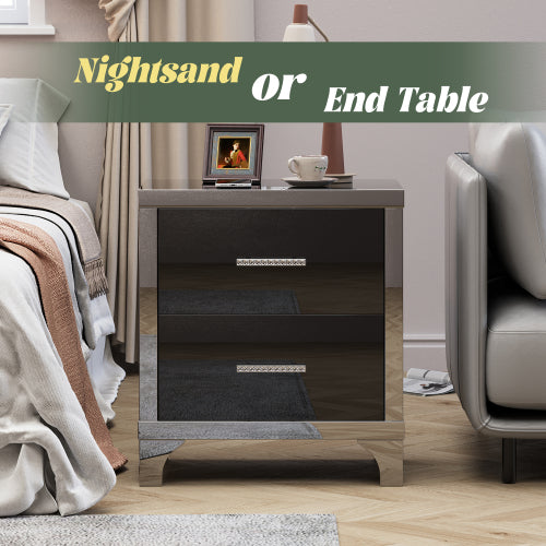 High Gloss Mirrored Nightstand with 2 Drawers,Modern End Table with Drawers,Mirrored High Gloss Wood Nightstand Metal Handle Bedside End Table for Bedroom, Dorm,Living Room,Black