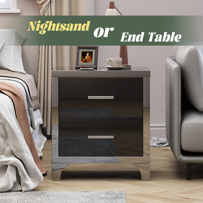 High Gloss Mirrored Nightstand with 2 Drawers,Modern End Table with Drawers,Mirrored High Gloss Wood Nightstand Metal Handle Bedside End Table for Bedroom, Dorm,Living Room,Black