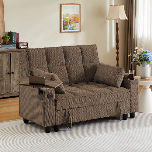 Coffee-Tone Loveseat Sofa with Storage,USB,Cup-Holder & Swivel Side Table