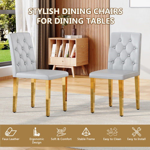 Set of 2 Light Grey PU Dining Chairs, Ergonomic Buckle Backrest, Gold Metal Legs, 35 inch  High