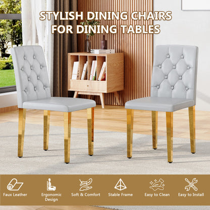 Set of 2 Light Grey PU Dining Chairs, Ergonomic Buckle Backrest, Gold Metal Legs, 35 inch  High