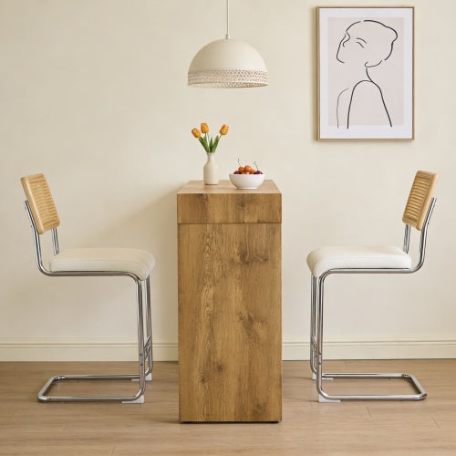 2-piece set of PU leather bar chair combination, paired with wood grain bar table, with storage function, suitable for restaurants and cafes