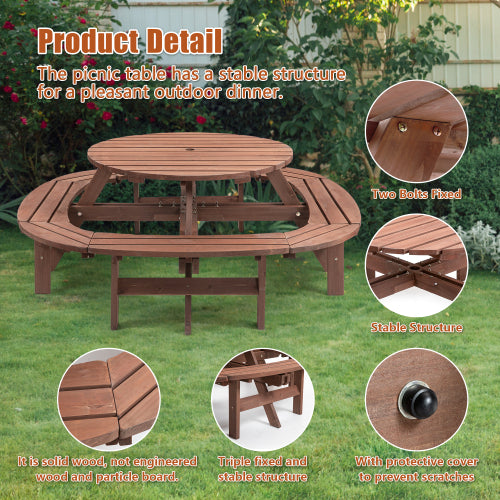 10-12-person Round Outdoor Wooden Picnic Table for Patio, Backyard, Garden, DIY with 1 Built-in Ring Stool, 500-lb Weight Capacity - Walnut Brown