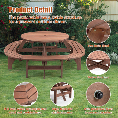 10-12-person Round Outdoor Wooden Picnic Table for Patio, Backyard, Garden, DIY with 1 Built-in Ring Stool, 500-lb Weight Capacity - Walnut Brown