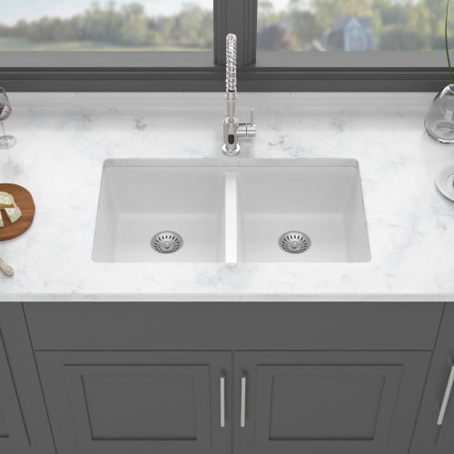 Quartz Kitchen Sink - 33" x 19" x 10.33" White granite composite undermount kitchen sink Double Bowl(50/50)