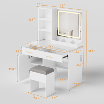 White Vanity Desk with Mirror & Lights, Power Outlet, 3 Lighting Modes, Cabinet Drawers, Shelves & Storage Stool