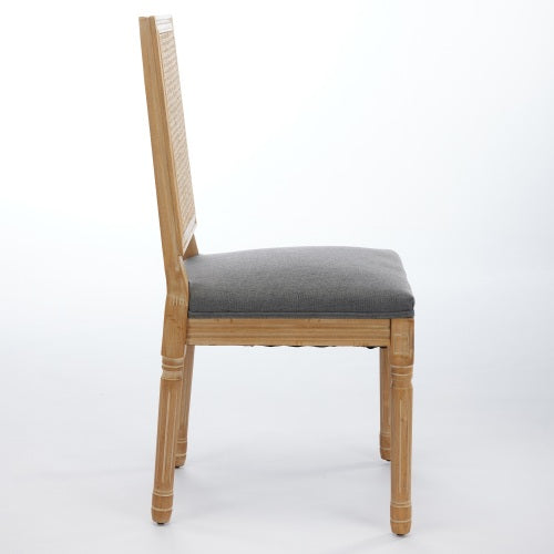 Set of 2 Gray French Louis Square Rattan Back Carved Solid Wood Dining Chairs, Antique Paint Frame 300 LBS Capacity