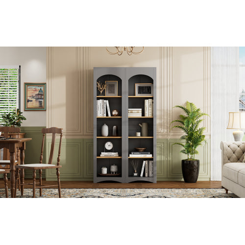 72''H Grey Farmhouse 5-Tier Combined Bookshelf Adjustable Shelf Home Pantry Storage Cabinet Set