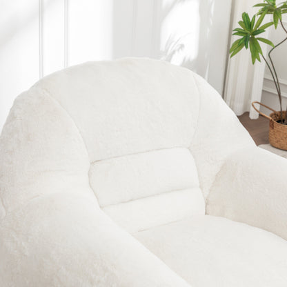 White Faux-Fur Bean Bag Sofa Chair with Back Support & Matching Footstool