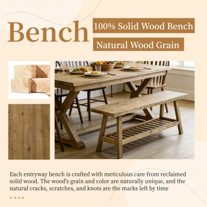 43inch  Farmhouse Wood Bench, 2-Tier Entryway Bench, Narrow Rustic Storage Bench with Open Storage Shelf for Entryway, Hallway, Living Room, Bedroom, Kitchen, Dining (Distressed Wood Color)