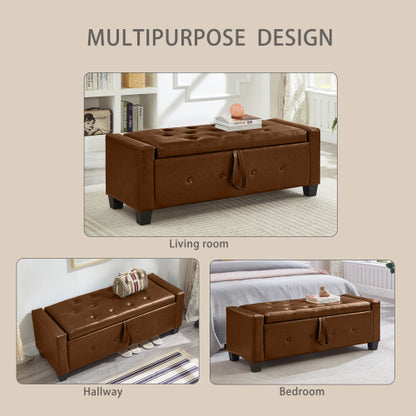 Brown Tufted PU Faux Leather 48 inch Storage Ottoman Bench, Entryway & Bedroom Shoe Bench