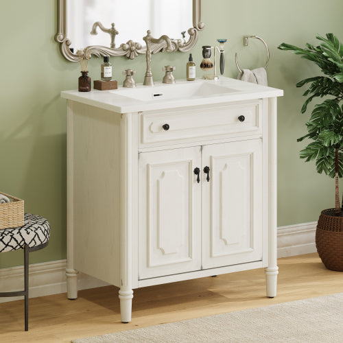 31" Vintage Bathroom Vanity with Sink, Faux Aged Finish, Rustic Bathroom Cabinet with Soft Close Doors and Adjustable Shelf, Curved Profile Design, Rubber Wood Legs, White