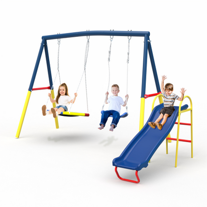 Swing Sets for Backyard with Kids Slide Outdoor Heavy-Duty Metal Playset 3 in 1 Swing Set with Slide