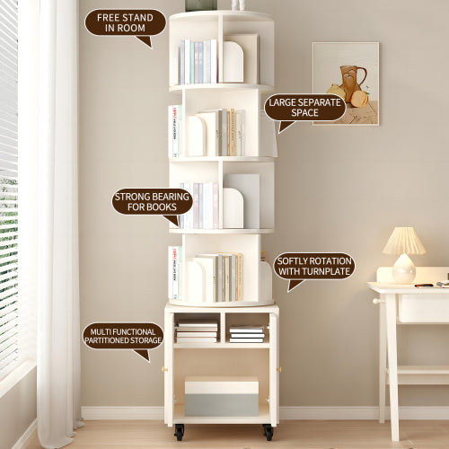 White 5-Tier Rotating Bookshelf with Double Door Drawer, Slim Wooden Corner Storage Cabinet for Home