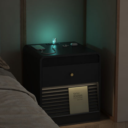 Black Smart Nightstand, Voice Control Night Light, Touch LED Strip & Charging Station