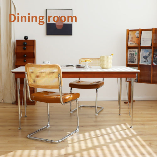 Set of 2 Brown Faux Leather Rattan Breuer Dining Chairs, Chrome Cantilever Legs, Mid Century Side Chairs for Dining & Living Room