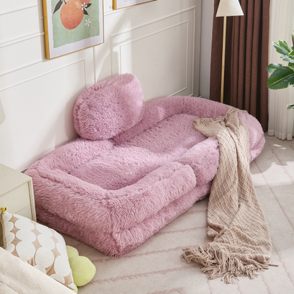 Pink Plush Faux-Fur Human Dog Bed 5-Position Adjustable Convertible Floor Gaming Sofa-Bed