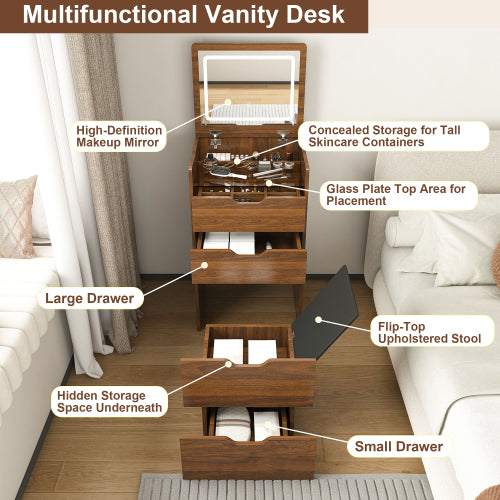 Walnut 3-in-1 Vanity Desk with Lighted Mirror & Stool, Flip Top Makeup Table, Compact Storage for Bedroom