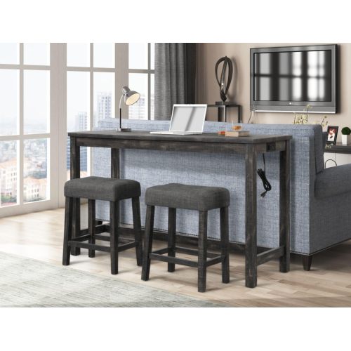 3-Piece Charcoal Black Counter Height Dining Set, Solid Wood Table with Outlet & 2 Tufted Linen Stools