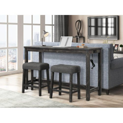 3-Piece Charcoal Black Counter Height Dining Set, Solid Wood Table with Outlet & 2 Tufted Linen Stools