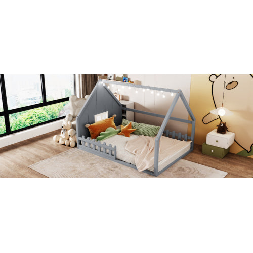 Full Size Wood House Bed with Window and Fence, Gray