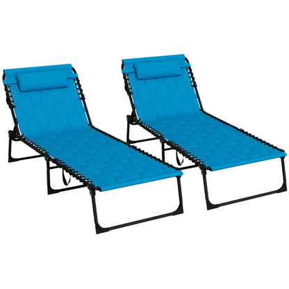 Outsunny Folding Chaise Lounge Set with 5-level Reclining Back, Outdoor Lounge Tanning Chair with Padded Seat, Side Pocket & Headrest for Beach, Yard, Patio, Sky Blue