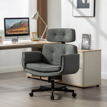 Criss Cross Chair with Adjustable Armrests & Wheels & Headrest, PU Lounge Vanity Desk Chair with Wide Seat for Cross-Legged Sitting, Swivel Task Office Chairs for Home, Makeup, Gaming, Office, Gray