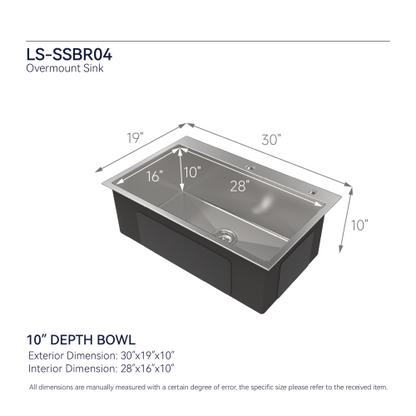 tainless Steel Kitchen Sink, 30″x19″ Single Bowl, Overmount Handmade Sink in Brushed Nickel, with US Standard Drain and Hook, LS-SSBR04