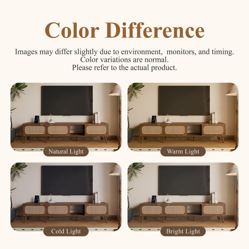 78.7 inch Walnut Rattan TV Stand Soft Close Doors Fits 75/80/85 Inch TV