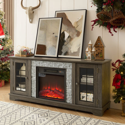58 Inch Grey Faux Stone Electric Fireplace Media Console 18 inch Heater TV Stand for 65 Inch TV