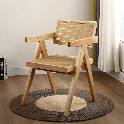 Modern Mid Century Rattan Accent Dining Chair with Armrests, Wood Finish for Living Room & Dining Room