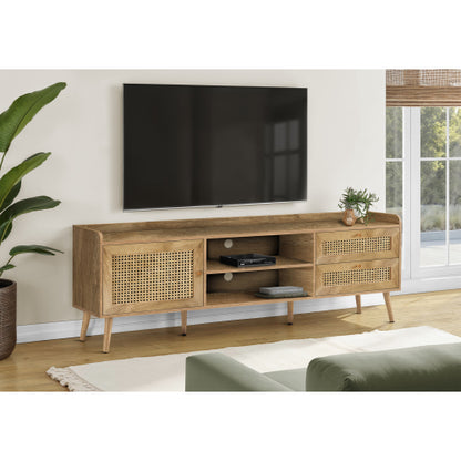 Walnut 72 inch TV Stand with Rattan Cabinets, Drawers and Storage
