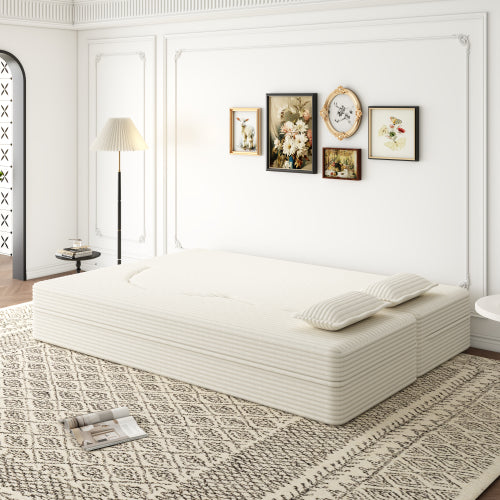 Beige White FullSize PlushCorduroy Convertible Floor SofaBed,2 Pillows