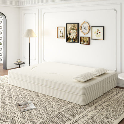 Beige White FullSize PlushCorduroy Convertible Floor SofaBed,2 Pillows