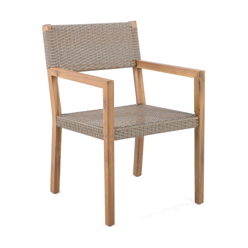 Outdoor Dining Chairs Set of 2, Light Teak Acacia Wood Frame and Multi Light Brown PE Wicker, Ideal for Patios, Gardens
