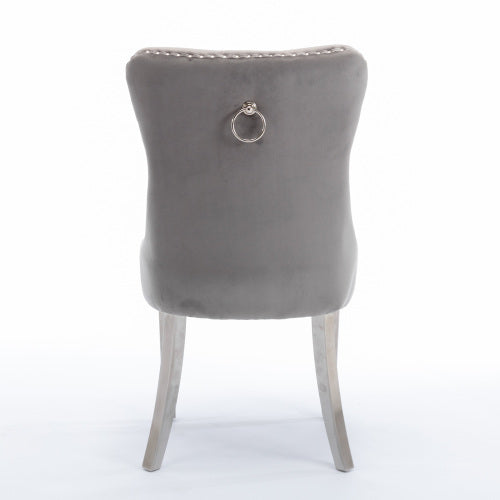 Single Gray & Chrome Tufted Velvet Dining Chair, Solid Wood Frame, Nailhead Trim, Chrome Plated Stainless Steel Legs