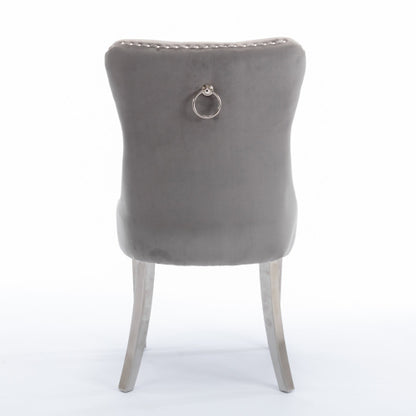 Single Gray & Chrome Tufted Velvet Dining Chair, Solid Wood Frame, Nailhead Trim, Chrome Plated Stainless Steel Legs
