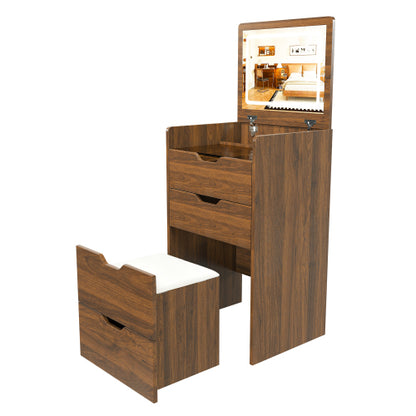 Walnut 3?in?1 Flip?Top Lighted Vanity Desk 18.9 inch L, Shatter?Proof HD Mirror, Storage Stool